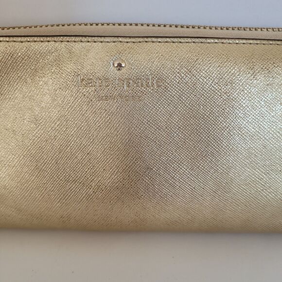 KATE SPADE Zip Around Wallet Gold Glam Metalic Continental Large Logo Fair - Picture 3 of 13